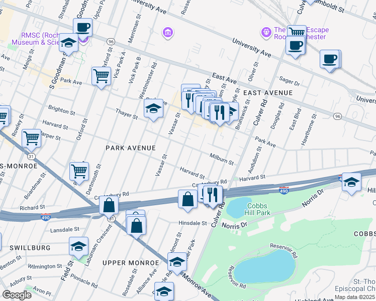 map of restaurants, bars, coffee shops, grocery stores, and more near 143 Milburn Street in Rochester