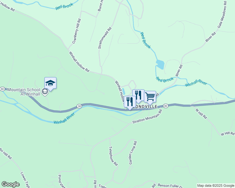 map of restaurants, bars, coffee shops, grocery stores, and more near 13 Winhall Hollow Road in Winhall