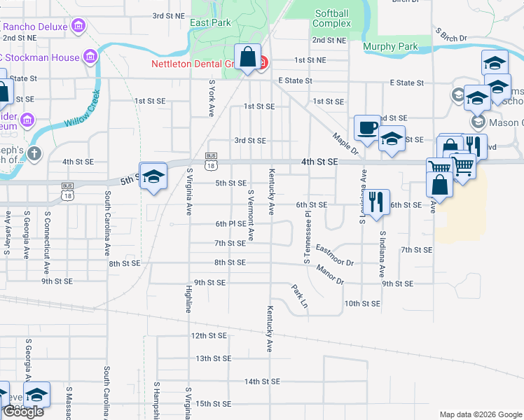 map of restaurants, bars, coffee shops, grocery stores, and more near 943 6th Street Southeast in Mason City