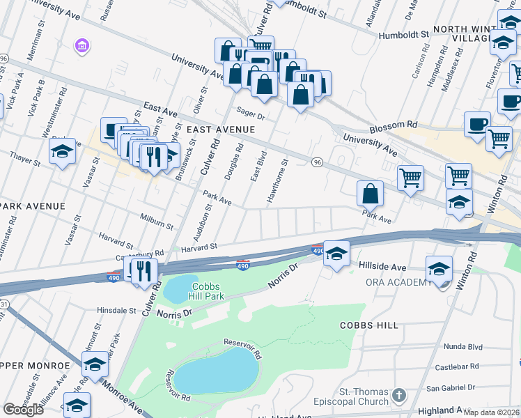 map of restaurants, bars, coffee shops, grocery stores, and more near Park Avenue & Darwin Street in Rochester
