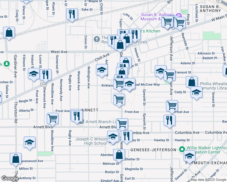 map of restaurants, bars, coffee shops, grocery stores, and more near 1 Orleans St in Rochester