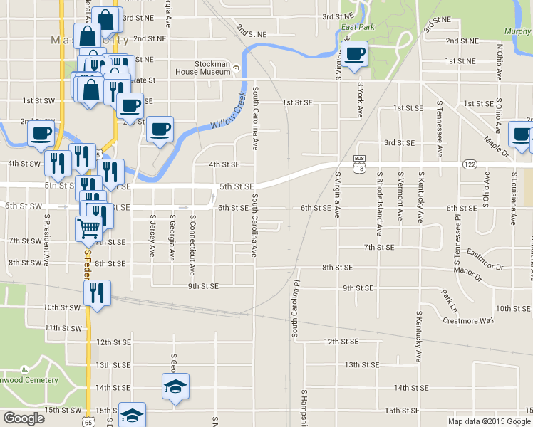map of restaurants, bars, coffee shops, grocery stores, and more near 615 6th St SE in Mason City