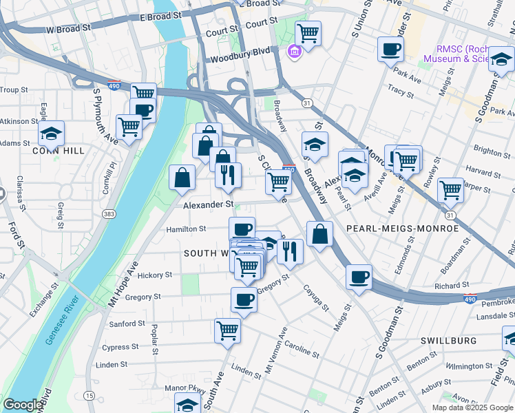 map of restaurants, bars, coffee shops, grocery stores, and more near 80 Alexander Street in Rochester