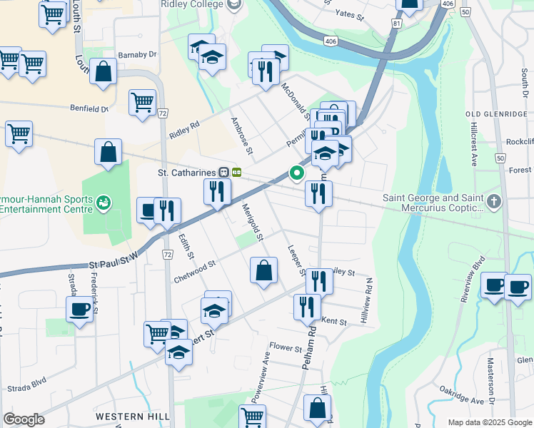 map of restaurants, bars, coffee shops, grocery stores, and more near 14 Leeper Street in St. Catharines