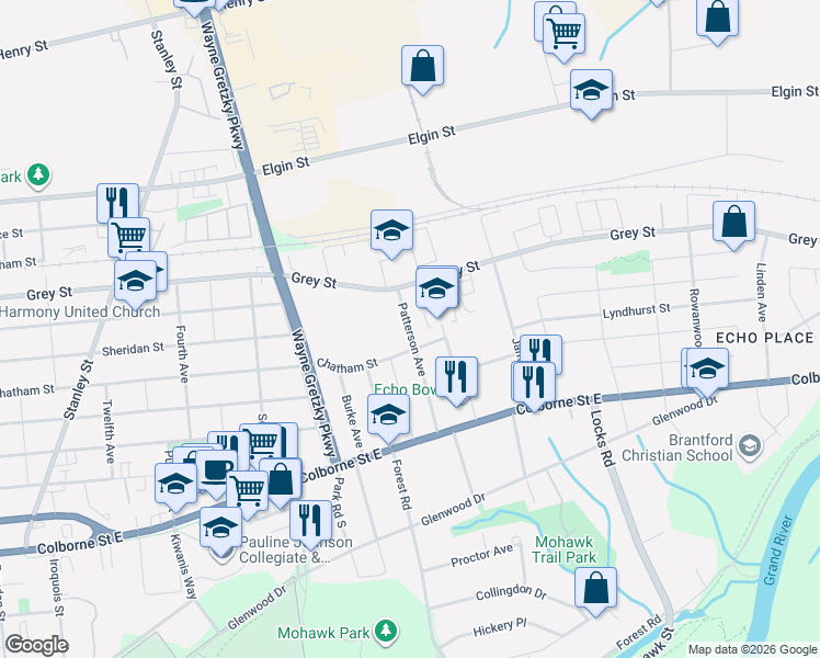 map of restaurants, bars, coffee shops, grocery stores, and more near in Brantford