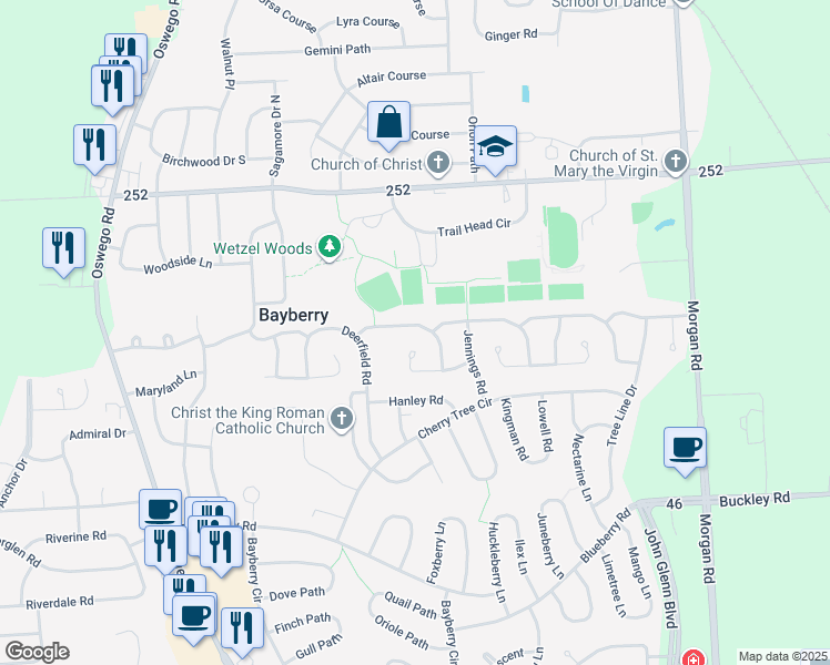 map of restaurants, bars, coffee shops, grocery stores, and more near 4280 Forestbrook Dr in Liverpool