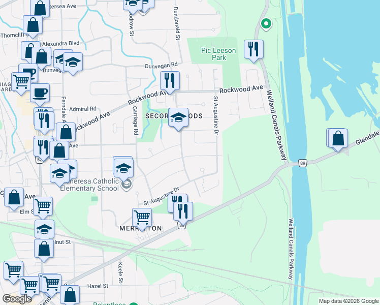map of restaurants, bars, coffee shops, grocery stores, and more near in St. Catharines