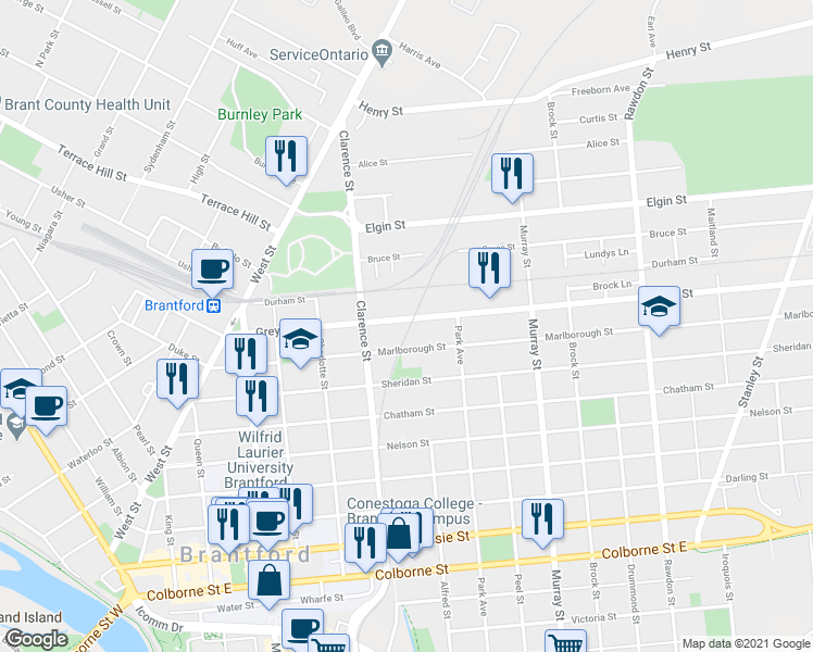 map of restaurants, bars, coffee shops, grocery stores, and more near 95 Grey Street in Brantford