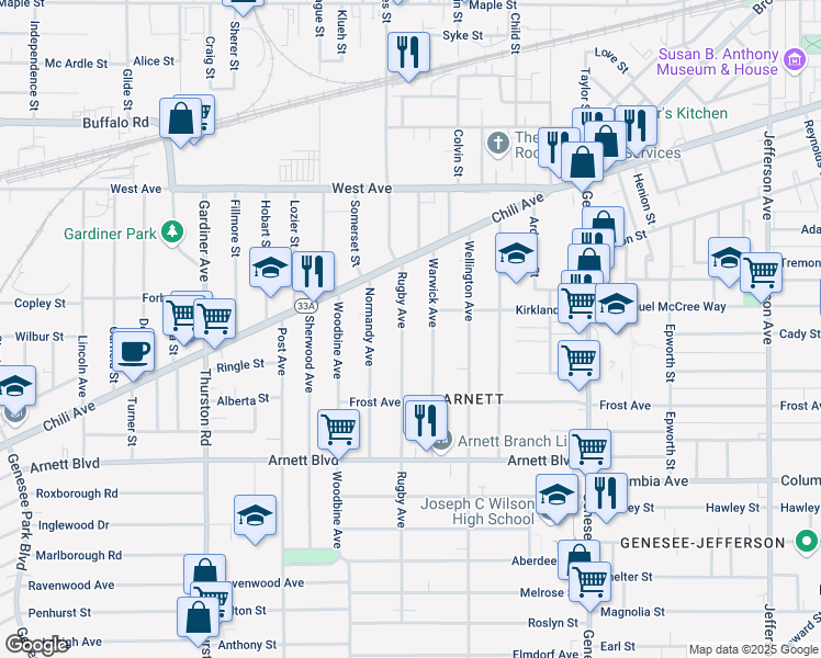map of restaurants, bars, coffee shops, grocery stores, and more near 90 Rugby Avenue in Rochester