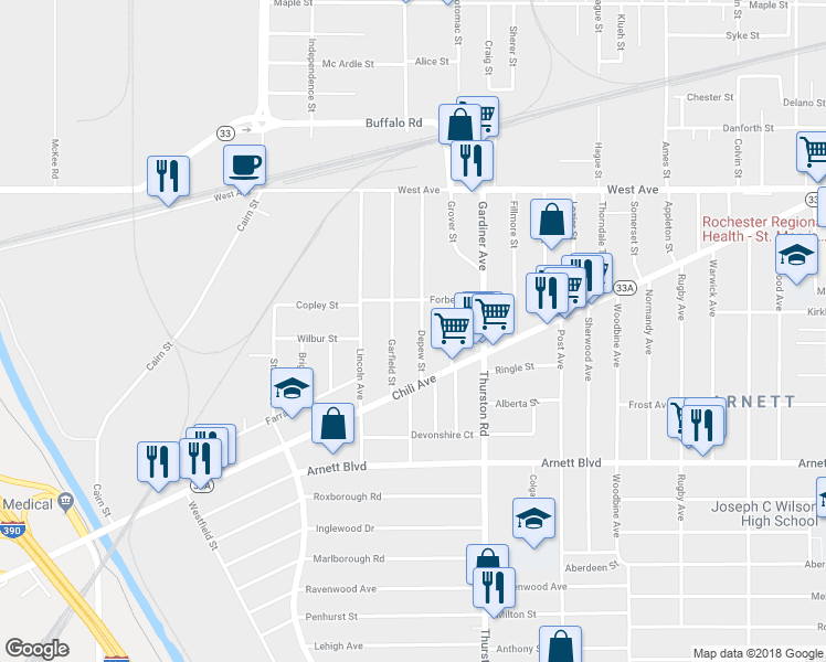 map of restaurants, bars, coffee shops, grocery stores, and more near 189 Depew Street in Rochester