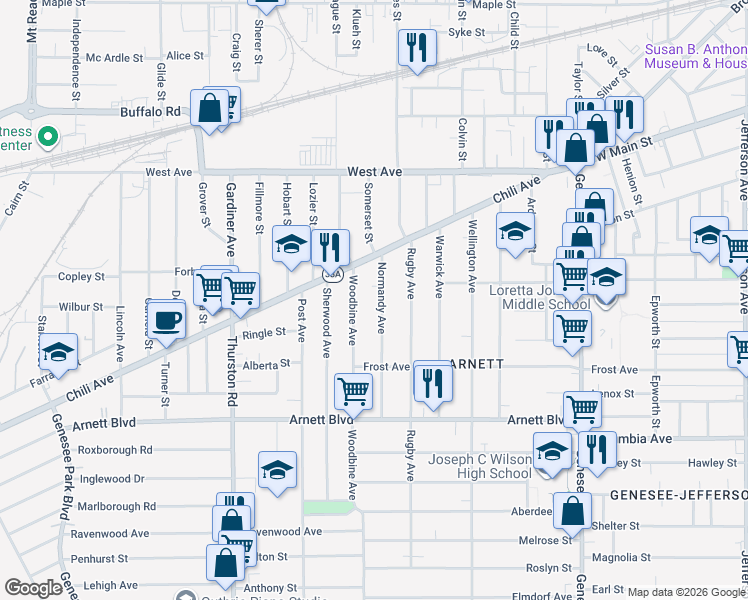 map of restaurants, bars, coffee shops, grocery stores, and more near 72 Normandy Avenue in Rochester