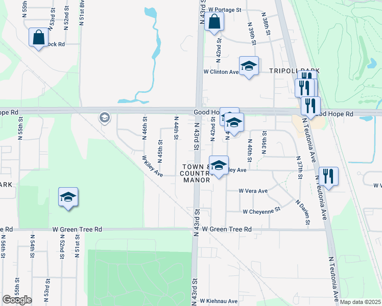 map of restaurants, bars, coffee shops, grocery stores, and more near 7047 North 43rd Street in Milwaukee
