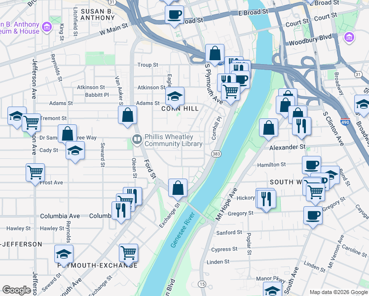 map of restaurants, bars, coffee shops, grocery stores, and more near 4 Greig Street in Rochester