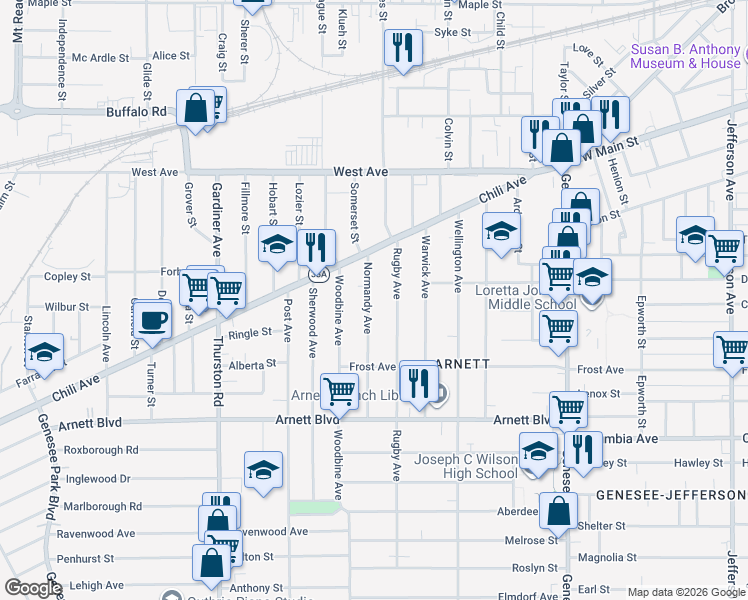 map of restaurants, bars, coffee shops, grocery stores, and more near 72 Normandy Avenue in Rochester