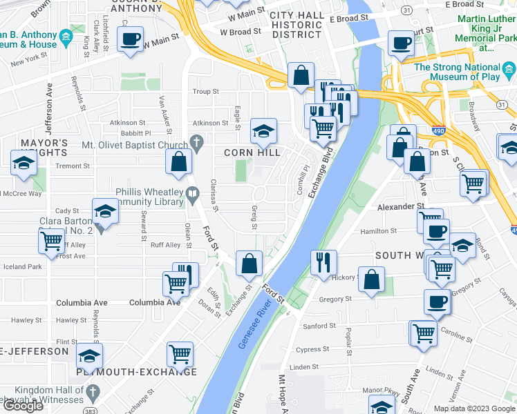 map of restaurants, bars, coffee shops, grocery stores, and more near 4 Greig St in Rochester
