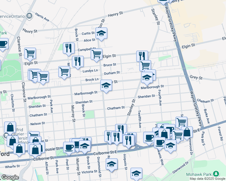 map of restaurants, bars, coffee shops, grocery stores, and more near Marlborough Street in Brantford