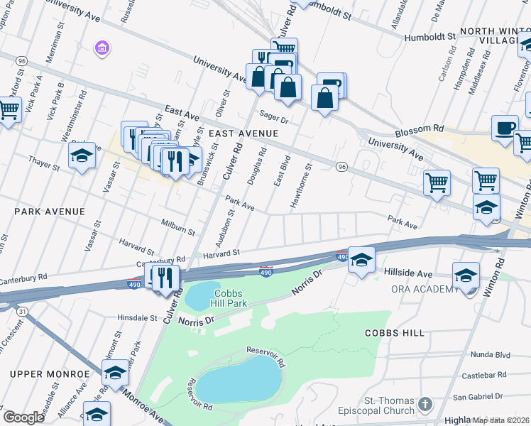 map of restaurants, bars, coffee shops, grocery stores, and more near Park Ave & East Blvd in Rochester