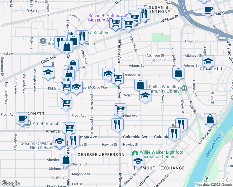map of restaurants, bars, coffee shops, grocery stores, and more near 144 Cady Street in Rochester