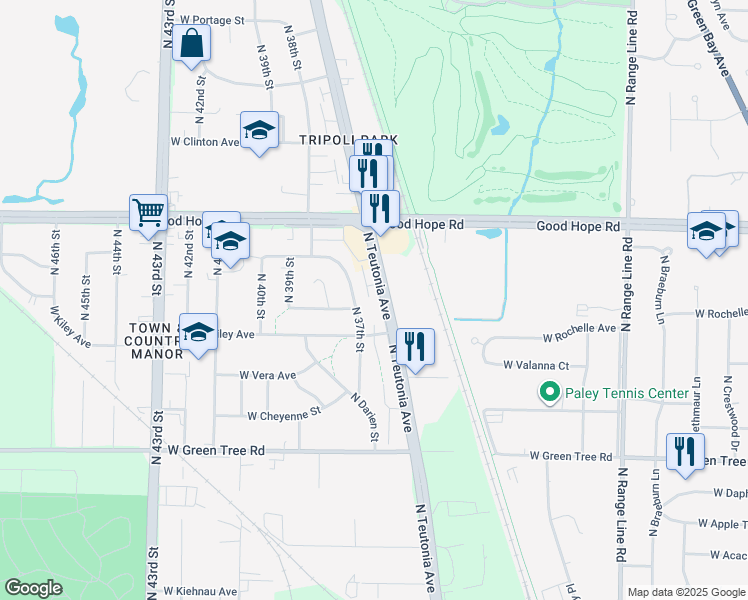 map of restaurants, bars, coffee shops, grocery stores, and more near 7049 North Teutonia Avenue in Milwaukee