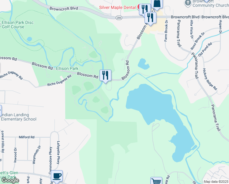 map of restaurants, bars, coffee shops, grocery stores, and more near 1872 Blossom Road in Rochester