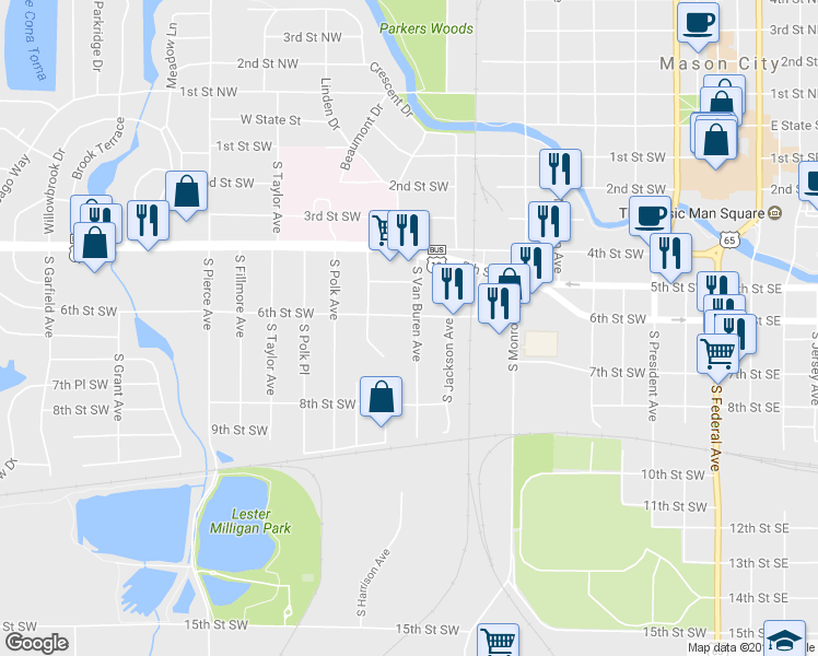 map of restaurants, bars, coffee shops, grocery stores, and more near 610 South Van Buren Avenue in Mason City