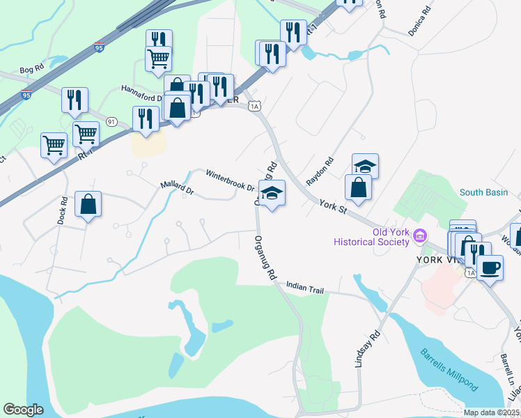 map of restaurants, bars, coffee shops, grocery stores, and more near 30 Organug Road in York