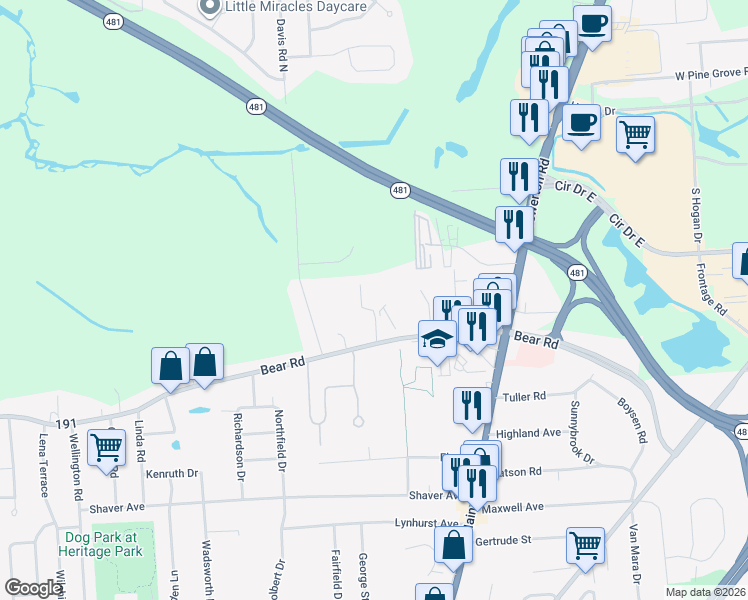 map of restaurants, bars, coffee shops, grocery stores, and more near 5607 Bear Road in North Syracuse