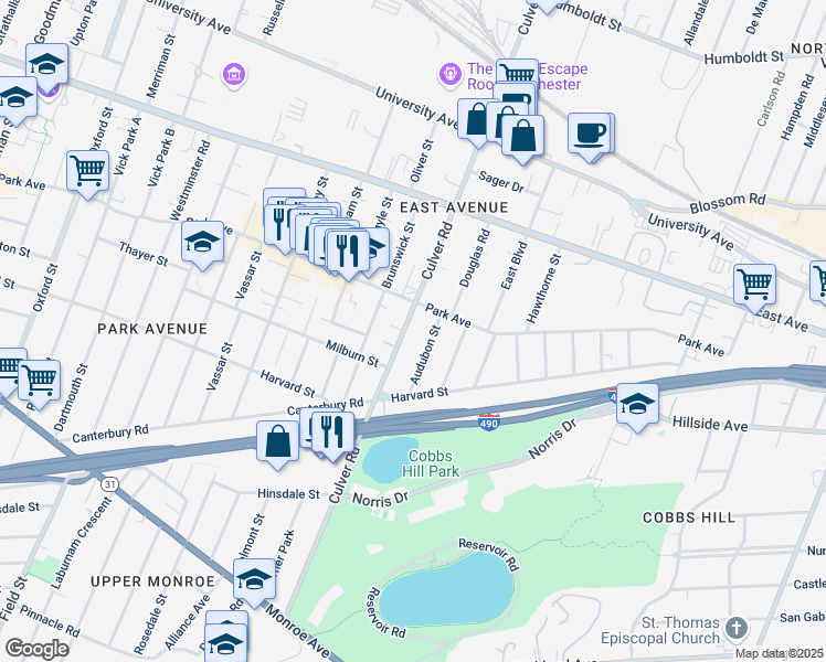 map of restaurants, bars, coffee shops, grocery stores, and more near 219 Culver Road in Rochester