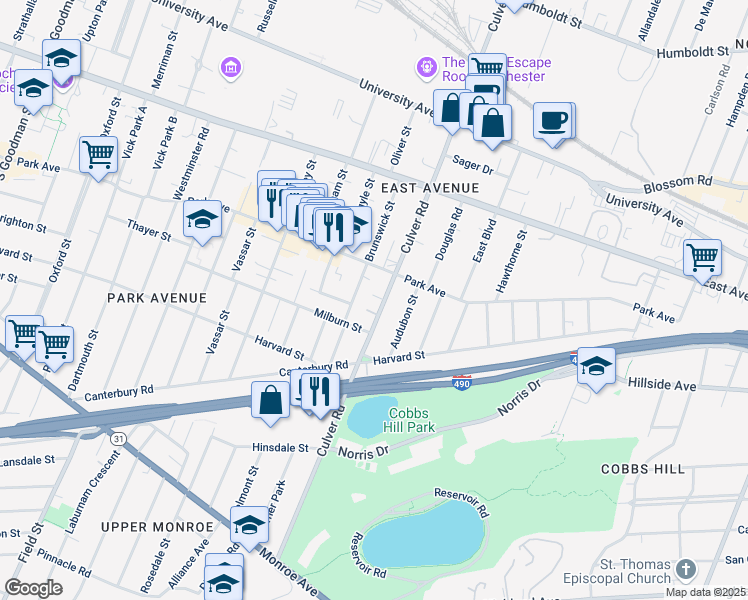 map of restaurants, bars, coffee shops, grocery stores, and more near 219 Culver Road in Rochester