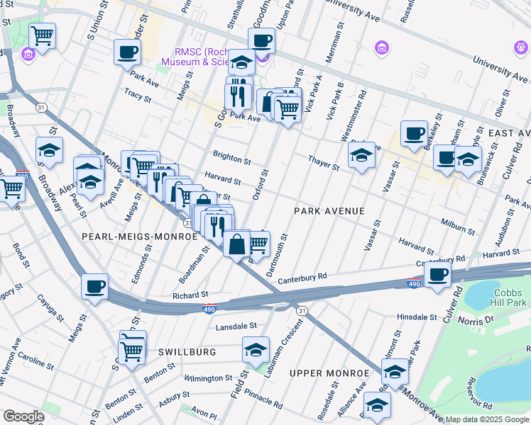 map of restaurants, bars, coffee shops, grocery stores, and more near 185 Rutgers Street in Rochester