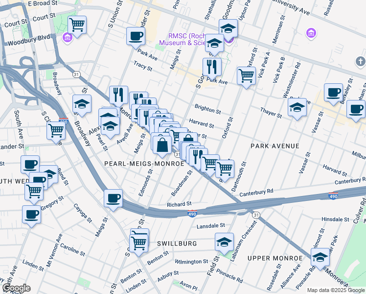 map of restaurants, bars, coffee shops, grocery stores, and more near 560 New York 31 in Rochester