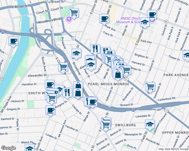 map of restaurants, bars, coffee shops, grocery stores, and more near 236 Pearl Street in Rochester