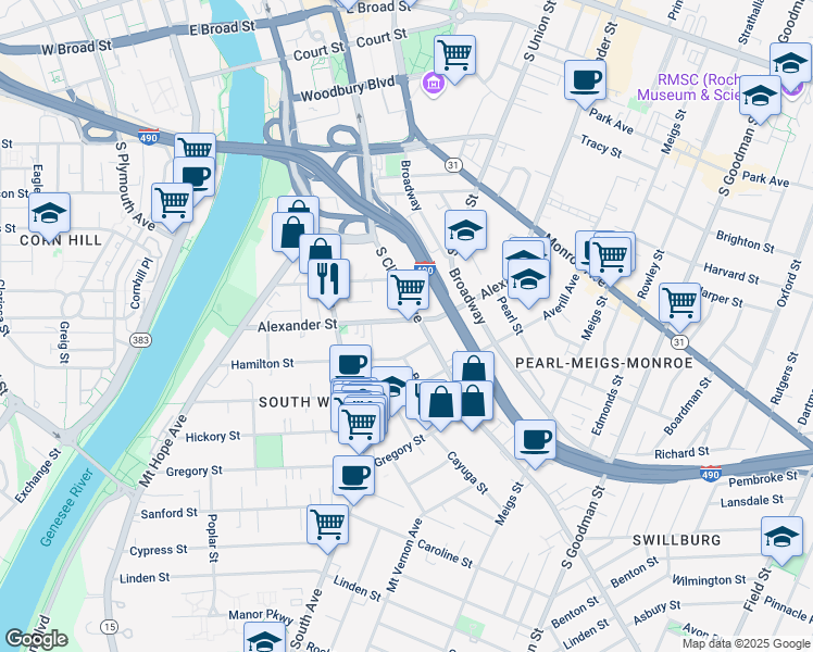 map of restaurants, bars, coffee shops, grocery stores, and more near 561 South Clinton Avenue in Rochester
