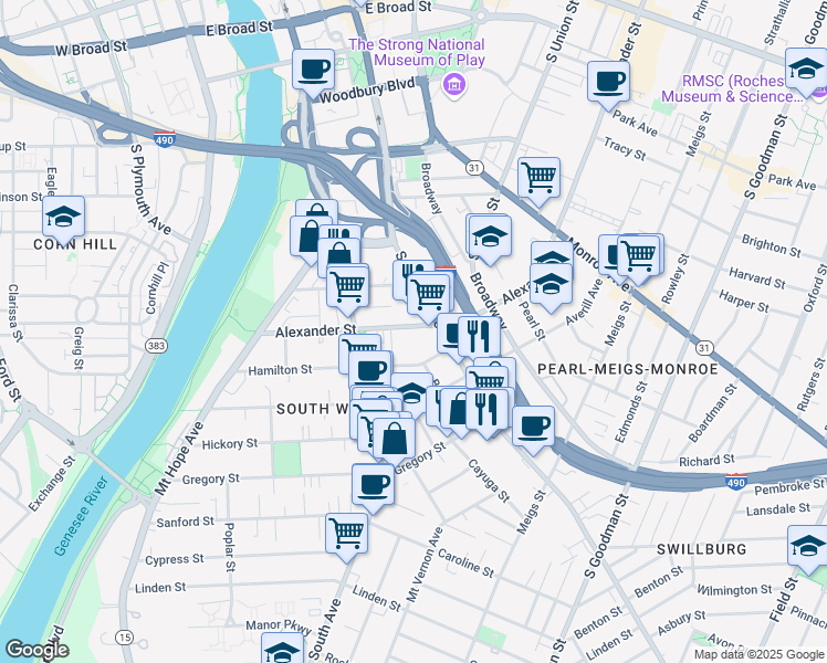 map of restaurants, bars, coffee shops, grocery stores, and more near 561 South Clinton Avenue in Rochester