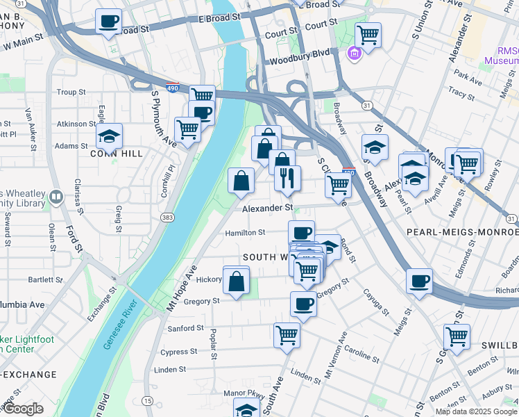map of restaurants, bars, coffee shops, grocery stores, and more near 33 Alexander Street in Rochester
