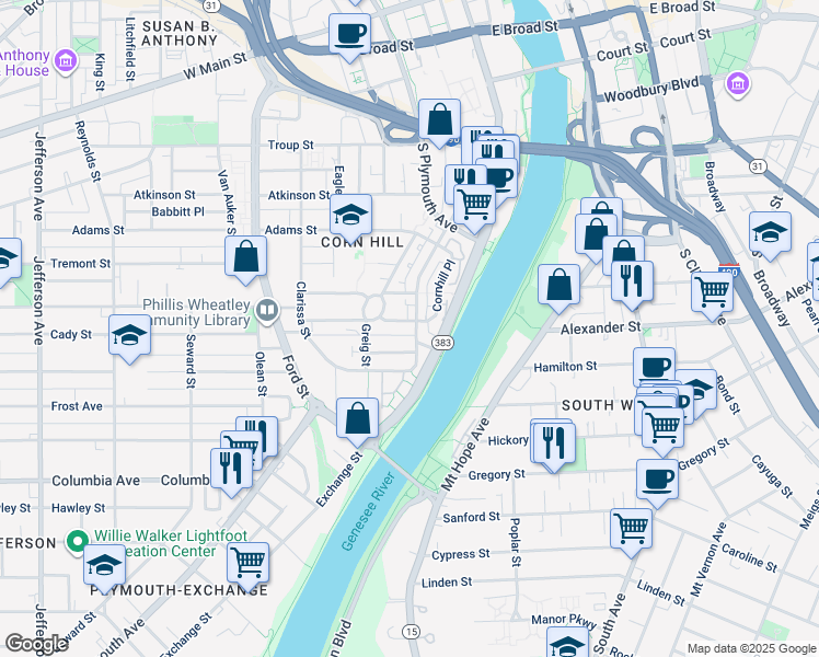 map of restaurants, bars, coffee shops, grocery stores, and more near 27 Glasgow Street in Rochester