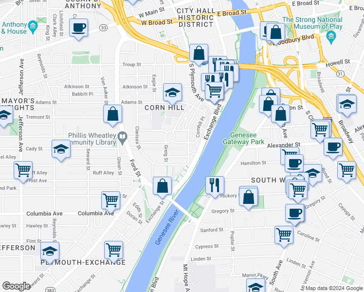 map of restaurants, bars, coffee shops, grocery stores, and more near 27 Glasgow Street in Rochester