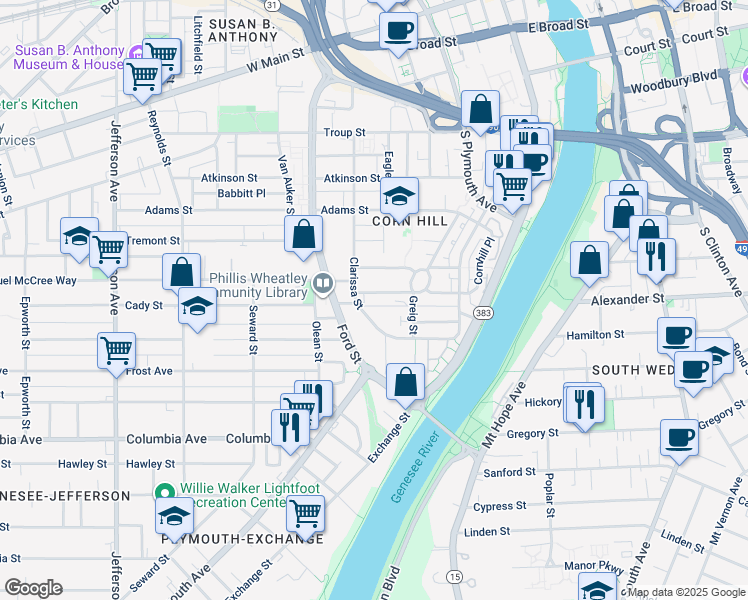 map of restaurants, bars, coffee shops, grocery stores, and more near 69 Glasgow Street in Rochester