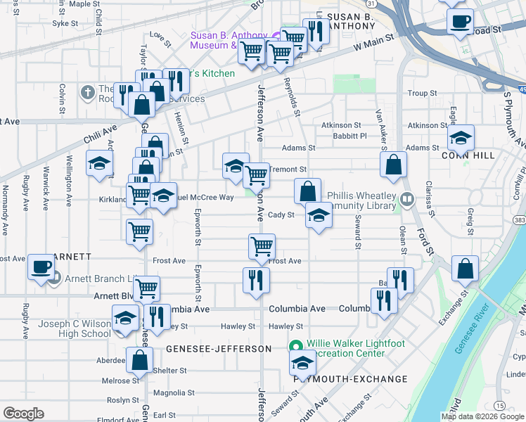 map of restaurants, bars, coffee shops, grocery stores, and more near 144 Cady Street in Rochester