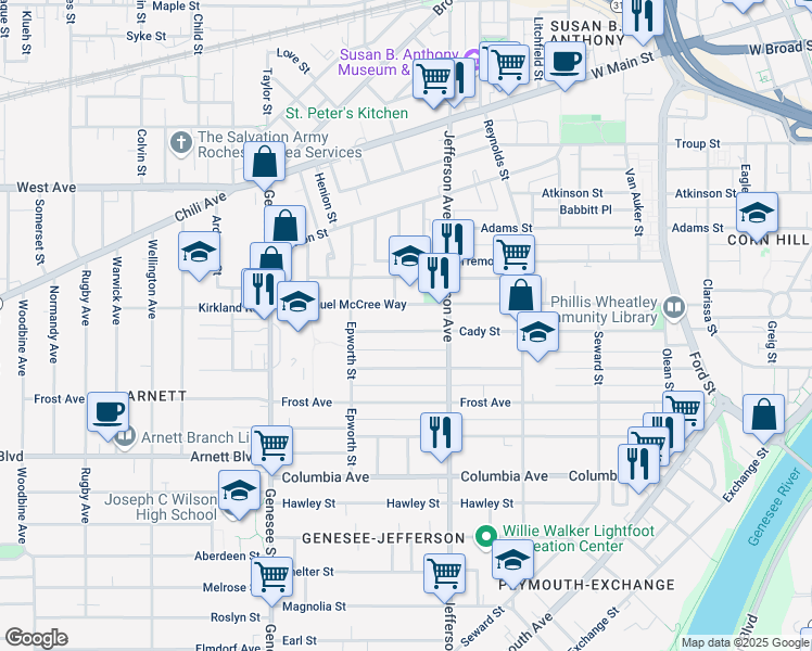 map of restaurants, bars, coffee shops, grocery stores, and more near 170 Cady Street in Rochester