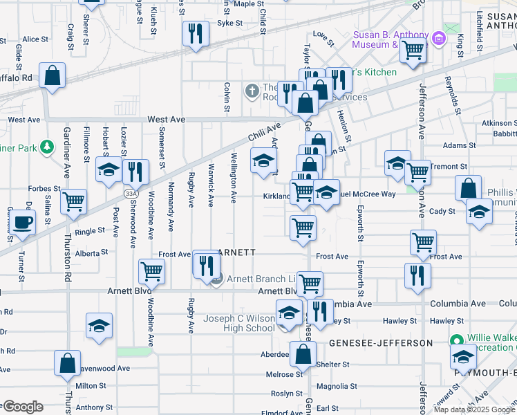 map of restaurants, bars, coffee shops, grocery stores, and more near 10 Wayne Place in Rochester