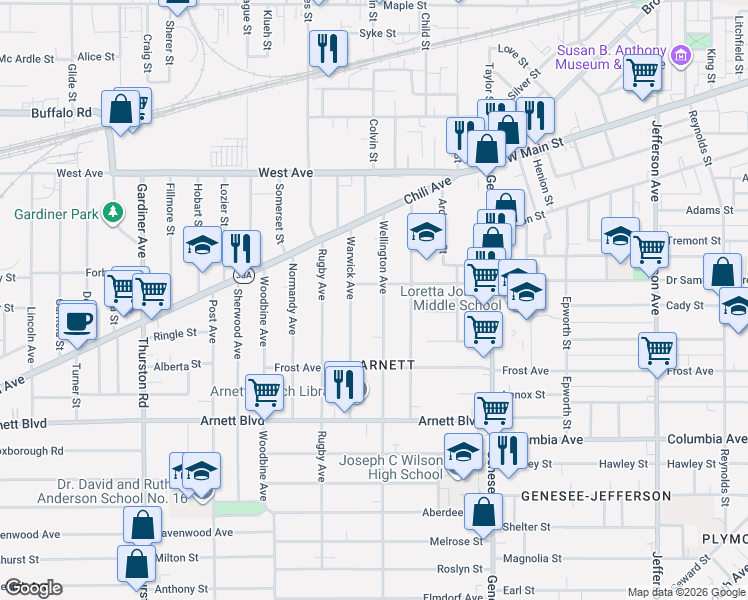 map of restaurants, bars, coffee shops, grocery stores, and more near 110 Warwick Avenue in Rochester