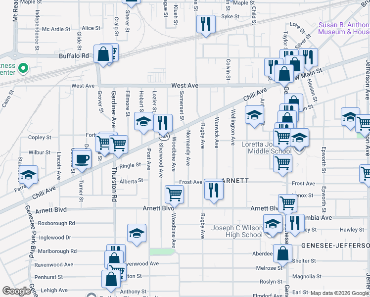 map of restaurants, bars, coffee shops, grocery stores, and more near 72 Normandy Avenue in Rochester