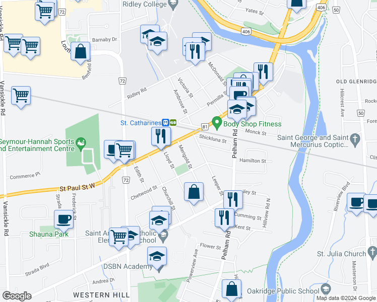 map of restaurants, bars, coffee shops, grocery stores, and more near 14 Leeper Street in St. Catharines