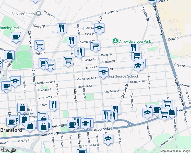 map of restaurants, bars, coffee shops, grocery stores, and more near 236 Marlborough Street in Brantford