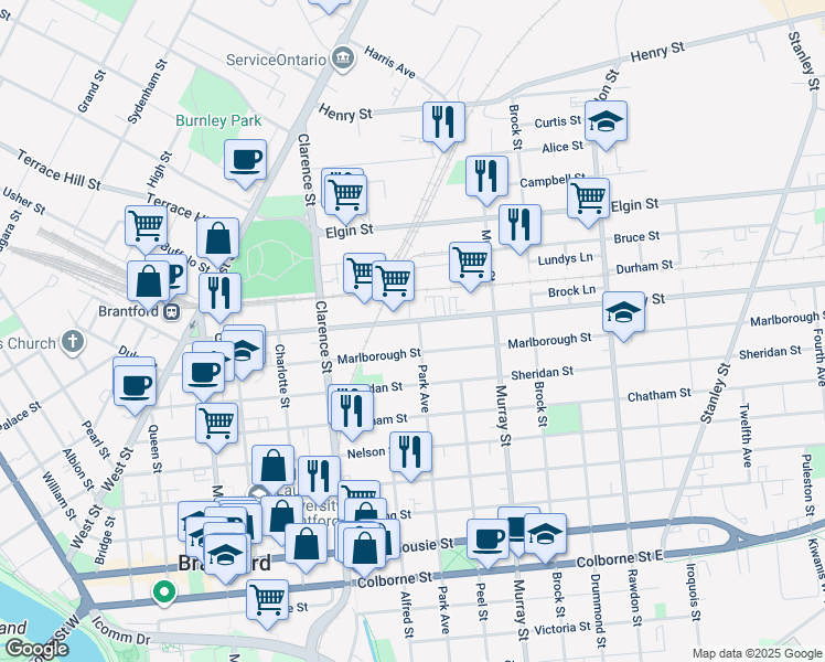 map of restaurants, bars, coffee shops, grocery stores, and more near in Brantford