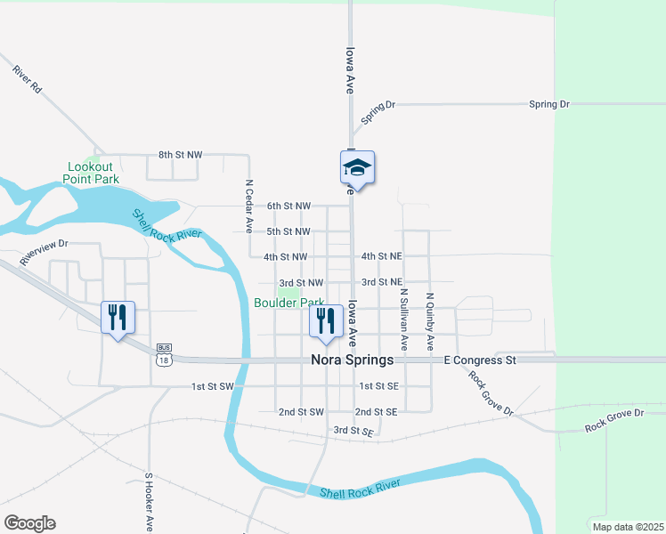 map of restaurants, bars, coffee shops, grocery stores, and more near 312 N Hawkeye Ave in Nora Springs