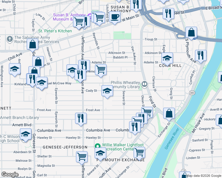 map of restaurants, bars, coffee shops, grocery stores, and more near 72 Cady Street in Rochester