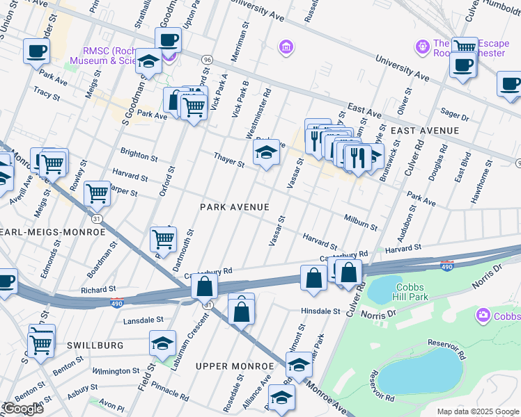 map of restaurants, bars, coffee shops, grocery stores, and more near 143 Edgerton Street in Rochester