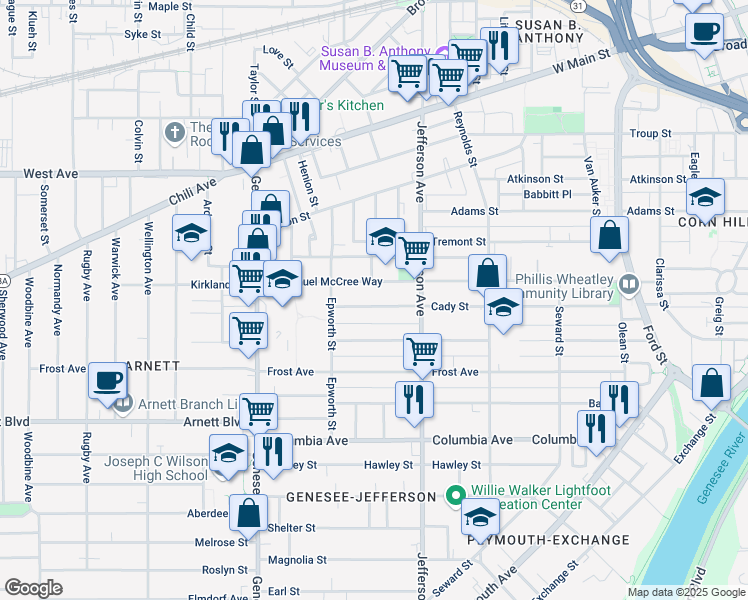 map of restaurants, bars, coffee shops, grocery stores, and more near 170 Cady Street in Rochester